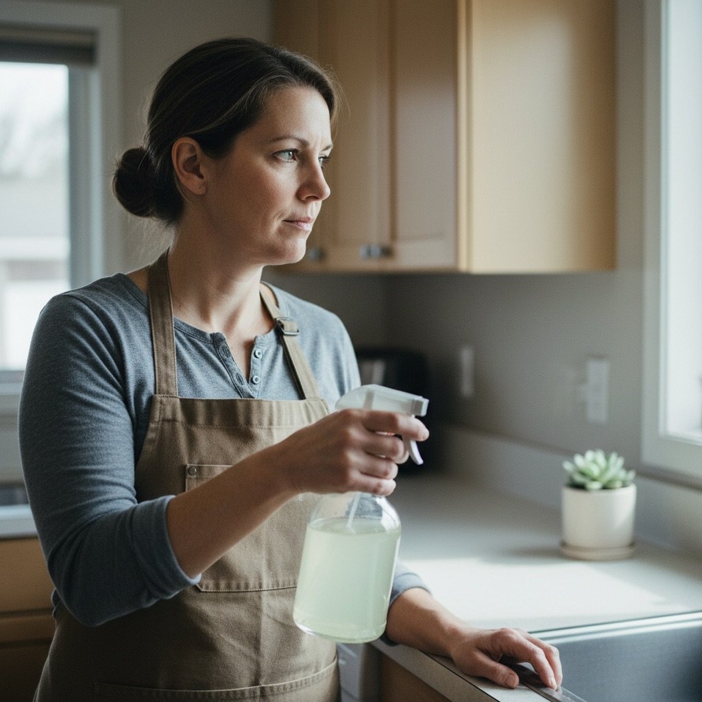 A West Cleaning crew member focused on her work in a bright Winnipeg kitchen, holding a clear glass spray bottle of eco-friendly cleaning solution.