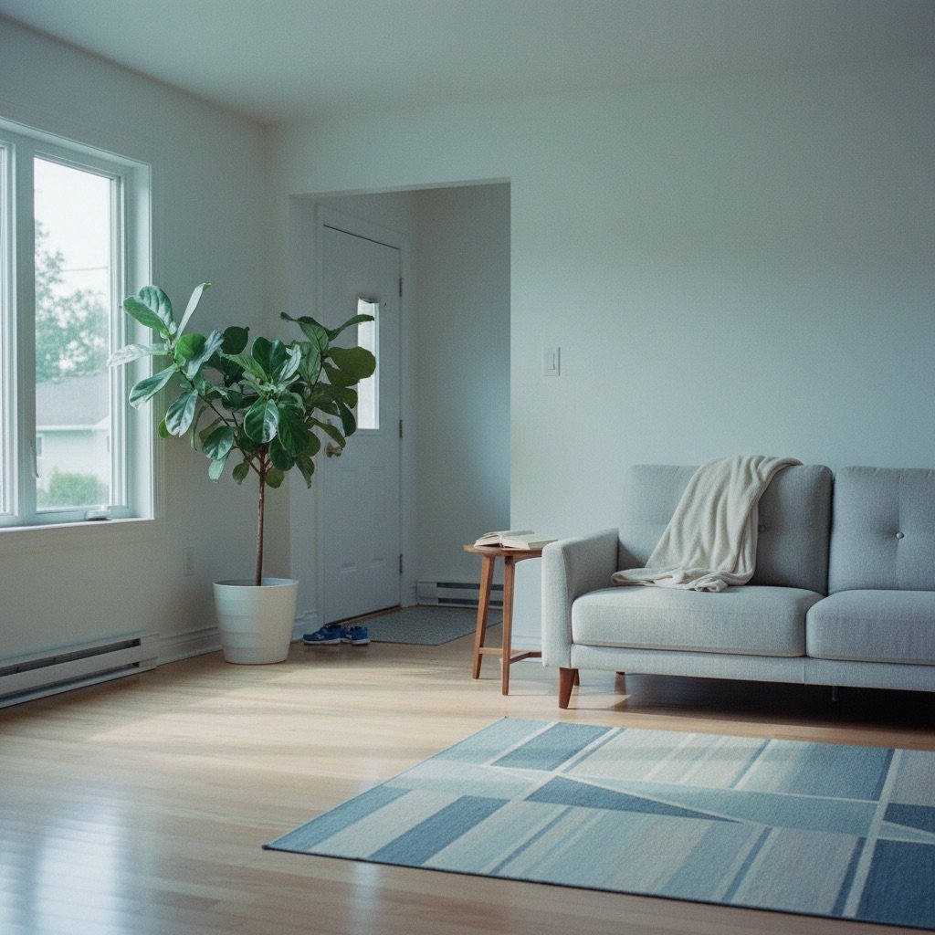 A freshly cleaned bright Winnipeg living room with afternoon light, fiddle-leaf plant, and folded throw on the sofa.